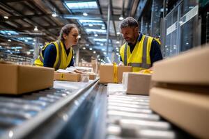 Workers inspect and package goods on a conveyor belt in a large warehouse. Detailed view of the workers focused on the task photo
