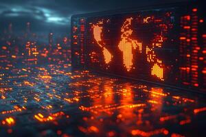 Futuristic Global Digital Map Display with Glowing Circuit Board Elements photo