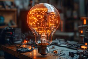 Innovative Technology Concept with Circuitry Light Bulb Design for Modern Tech Spaces photo
