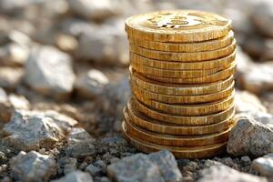 Stack of Bitcoin Coins on Rocky Surface Conceptualizing Cryptocurrency Wealth and Investment photo