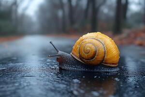 Snail Journey on Wet Forest Path - Nature's Slow and Steady Exploration photo