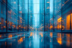 Modern Urban Reflections in Glass Architecture at Dusk for Design and Conceptual Use photo