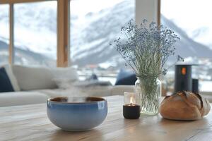 Cozy Winter Retreat with Warm Soup, Candlelight, and Mountain Views for a Relaxing Atmosphere photo