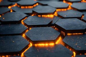 Futuristic Glowing Hexagonal Tiles Illuminated in Abstract Design for Backgrounds and Tech Concepts photo