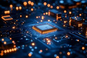 Futuristic Circuit Board Featuring Glowing Microchip in a High-Tech Network photo