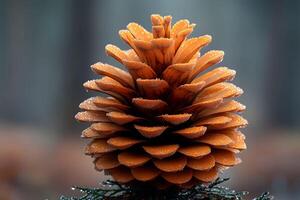 Dew-Covered Pine Cone in Forest Setting for Nature Photography and Decorative Design photo