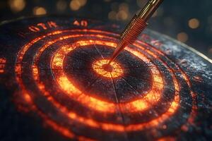 Precision and Accuracy Concept with Dart Hitting Bullseye Against Blurred Background photo