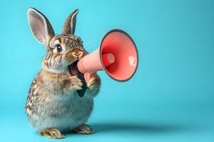 Cute Bunny with Megaphone on Blue Background for Fun and Playful Design Concepts photo