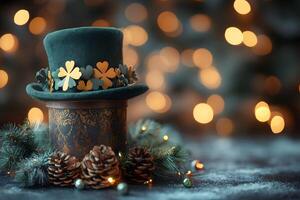 St. Patrick's Day Festive Hat and Pine Cones with Bokeh Lights Background photo
