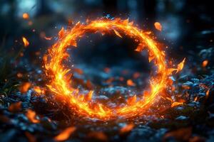 Enchanted Autumn Forest with Fiery Leaf Circle - Mystical Nature Background for Design photo
