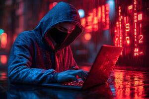 Cybersecurity Threat Concept with Hooded Hacker in Dark Urban Setting photo