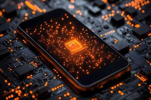 Futuristic Smartphone Technology with Glowing Circuit Board Design for Digital Innovation Concepts photo