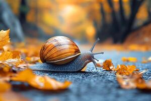 Autumn Nature Scene with Snail on a Leaf-Covered Pathway in Forest photo