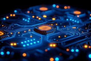 Board with Glowing Microchip for Technology Design photo