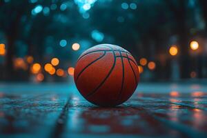 Basketball on Wet Street at Night with Bokeh Lights - Urban Sports Scene for Poster Design photo
