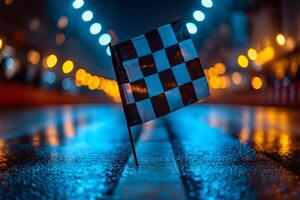 Checkered Flag on Wet Street at Night - Racing Theme for Dynamic Event Design photo