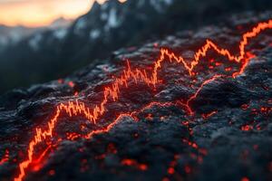 Dynamic Visualization of Volcanic Terrain with Glowing Data Lines for Financial Analysis Concept photo