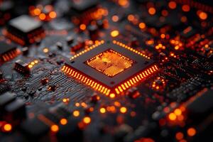 Glowing Microchip on a Circuit Board - Futuristic Technology Concept for Innovation in Electronics photo