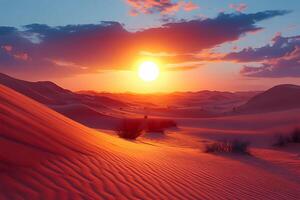 Stunning Desert Sunset Landscape with Illuminated Sand Dunes and Vibrant Sky photo
