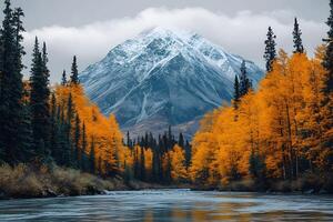 Autumn Mountain Landscape with Snow-Capped Peaks and Vibrant Foliage for Nature Prints photo