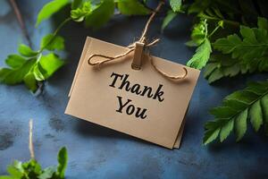 Thank You Card with Rustic Twine on Blue Background and Greenery for Gratitude Expression photo