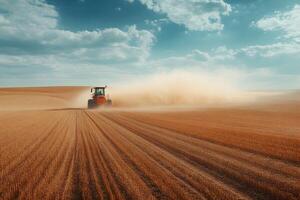 Tractor in Action on Wheat Field Under Dramatic Sky - Agricultural Machinery at Work photo