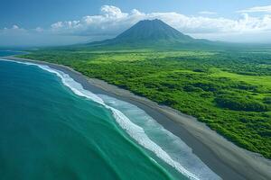 Scenic Mountain with Lush Greenery and Ocean Waves Perfect for Nature Posters photo