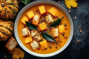 Autumn Pumpkin Soup with Croutons and Herbs in Rustic Setting for Fall Cuisine photo