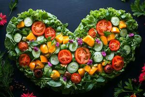 Vibrant Heart-Shaped Salad with Fresh Vegetables and Edible Flowers for Healthy Lifestyle Concepts photo