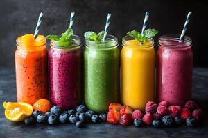 Vibrant Assorted Fruit Smoothies with Fresh Berries and Straws Display photo