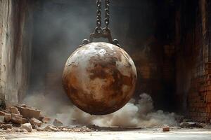 Demolition Scene with Large Rusty Wrecking Ball in Dusty Industrial Setting photo