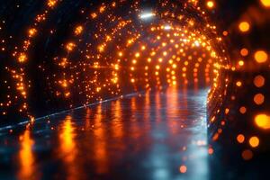 Futuristic Illuminated Tunnel with Reflective Flooring for Digital Design or Sci-Fi Concept photo
