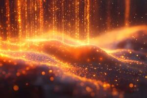 Abstract Digital Data Streams and Glowing Particles in Futuristic Landscape Design photo