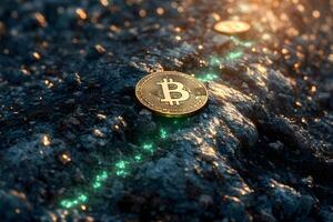 Illuminated Bitcoin Coins on Dark Surface - Cryptocurrency Investment and Technology Concept photo