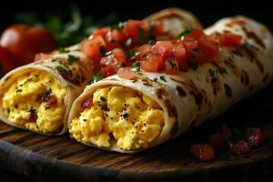Fresh Breakfast Burritos with Scrambled Eggs and Tomato Topping on Rustic Wooden Board photo