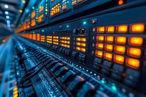 Advanced Data Center Technology and Network Infrastructure in Vibrant Neon Lighting photo