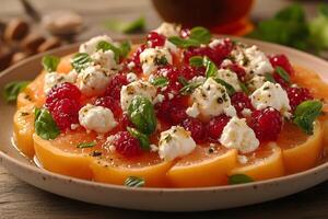 Fresh Citrus and Raspberry Salad with Feta Cheese and Herbs for a Refreshing Summer Feast photo