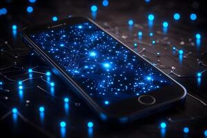 Futuristic Technology Concept with Smartphone and Glowing Digital Circuit Design for Innovation photo