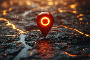 Futuristic Geolocation Marker on Molten Lava Terrain for Digital Mapping Design photo