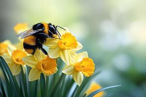 Springtime Bee on Vibrant Daffodils Against a Soft Focus Background - Nature and Botany Stock Image photo