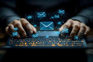 Digital Communication Concept Neon Email Icons Floating Above Keyboard for Technology Design photo