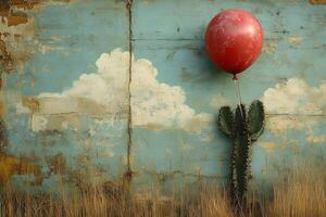 Surreal Desert Scene with Red Balloon and Painted Clouds photo