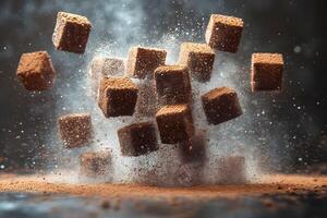 Dynamic Explosion of Cocoa-Dusted Chocolate Cubes in Motion for Confectionery Design photo