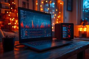 Data Analytics on Laptop with Ambient Lighting for Modern Workspace Design photo
