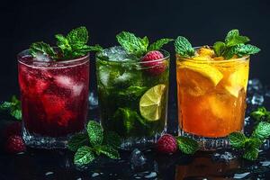 Refreshing Trio of Fruit-Infused Summer Cocktails with Mint and Ice on Dark Background photo