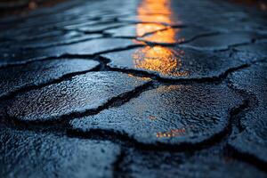 Abstract Pattern Reflections on Wet Pavement with Warm Light photo