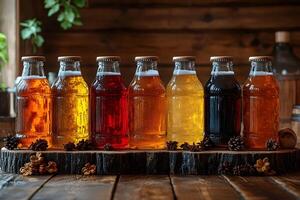 Rustic Craft Beer Assortment Displayed in a Cozy Wooden Setting for Autumn Concepts photo