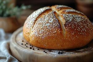 Artisan Bread on Wooden Board with Rustic Seeds - Perfect for Culinary Blogs and Magazines photo