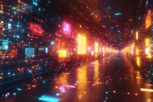 Futuristic Digital Data Stream in a Vibrant Virtual Tunnel Design for Technology Concepts photo