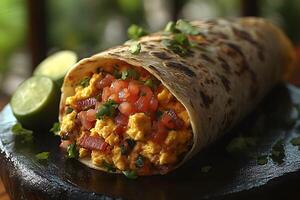 Delicious Breakfast Burrito with Scrambled Eggs and Fresh Salsa for a Perfect Morning Meal photo